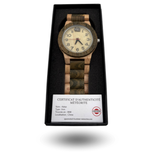 Wooden watch with Aletai meteorite in the dial