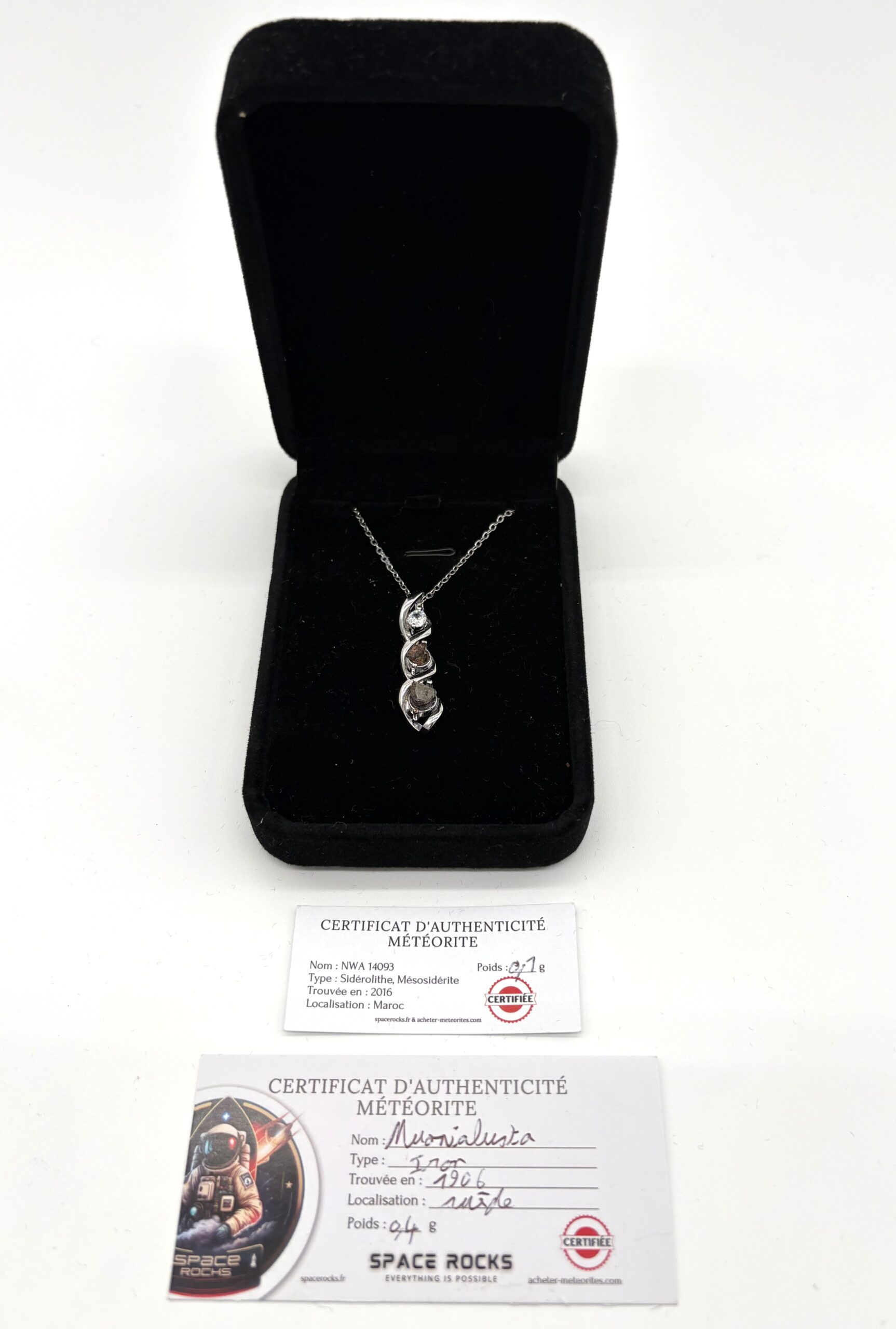 Silver-plated design necklace - twisted pendant with meteorites and zircon