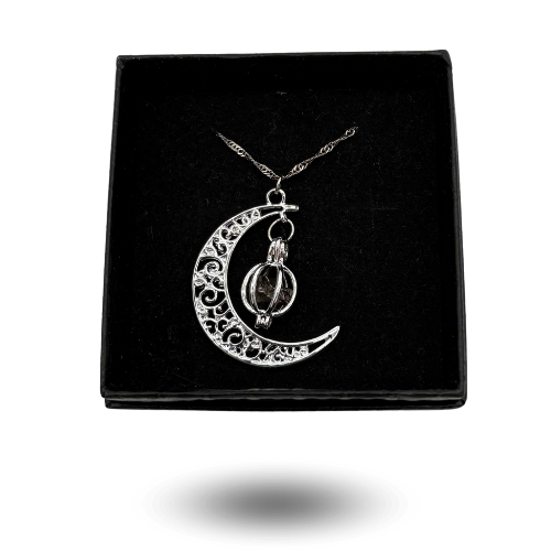 Stainless steel silver moon necklace with Campo del Cielo meteorite