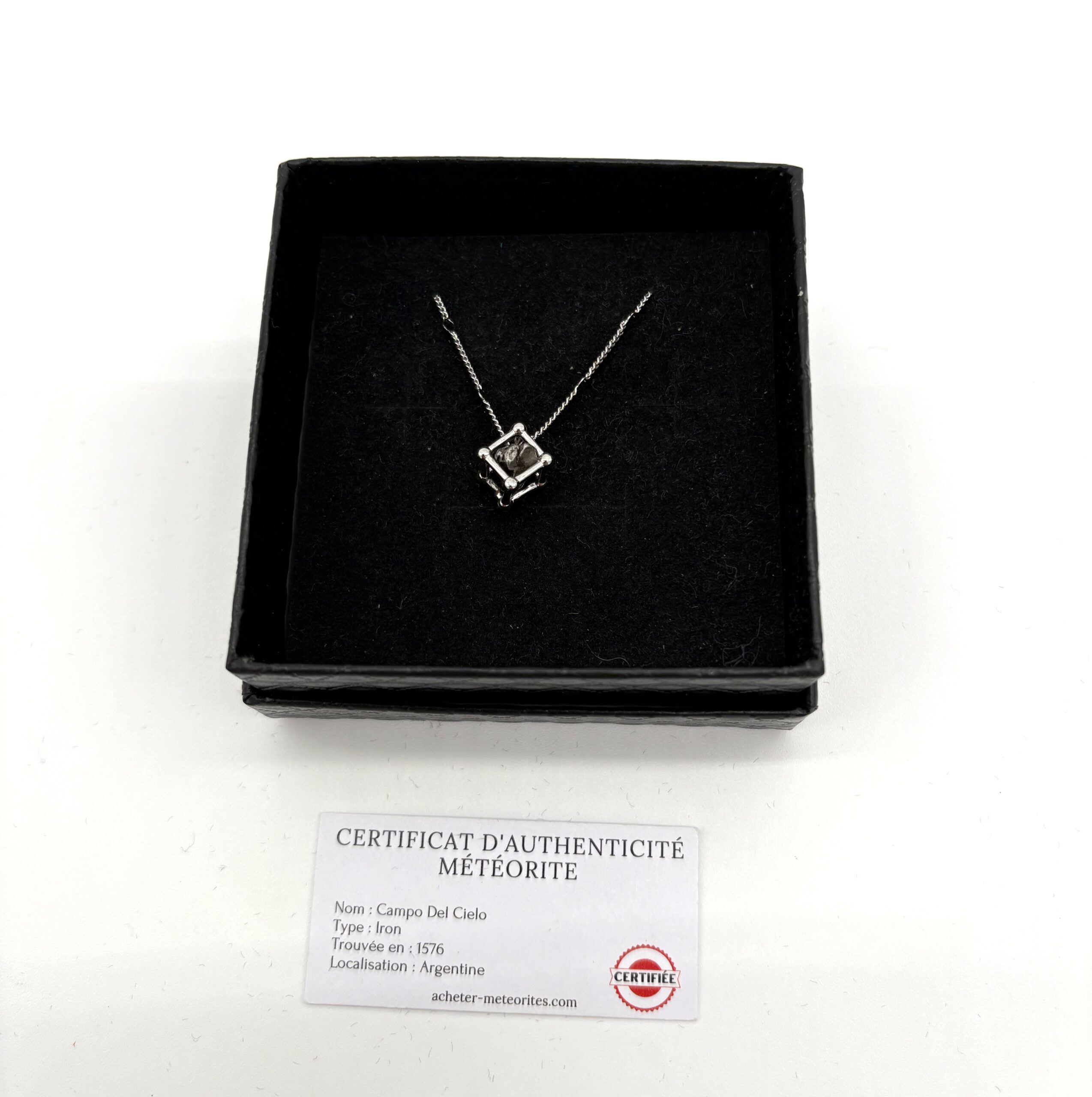 Silver pendant necklace with cube pendant and Campo del Cielo meteorite