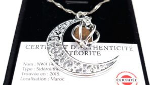 Crescent moon meteorite pendant displayed on its certificate of authenticity, in its case