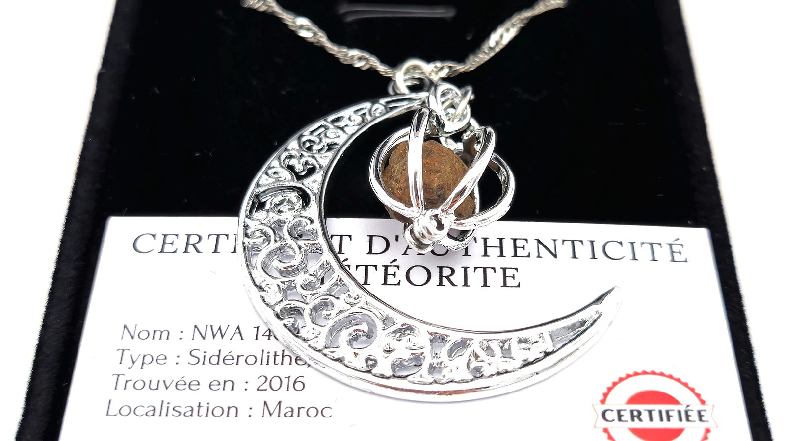 Crescent moon meteorite pendant displayed on its certificate of authenticity, in its case
