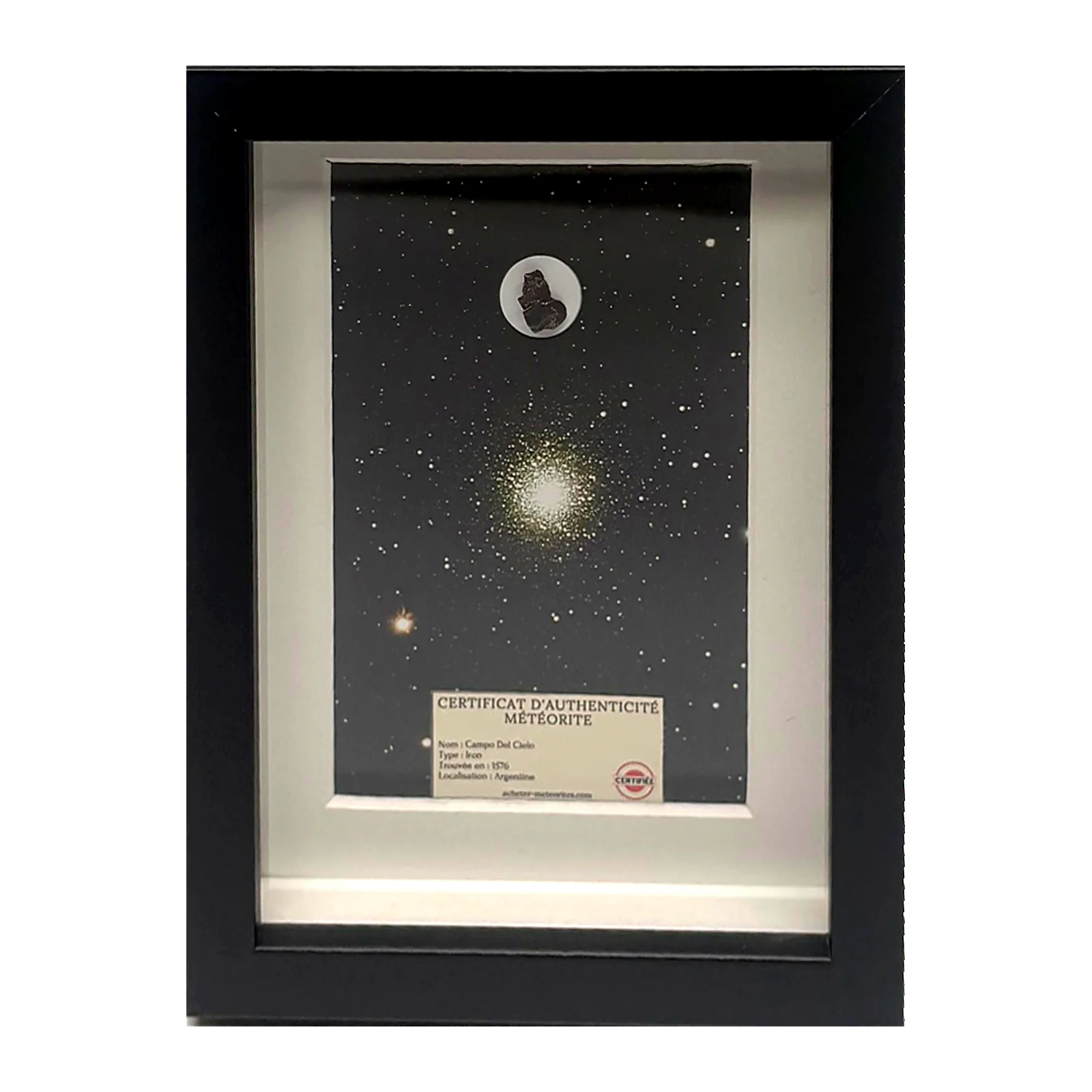 Tableau amas d'Hercule avec météorite Campo del Cielo – cadre noir et passe-partout