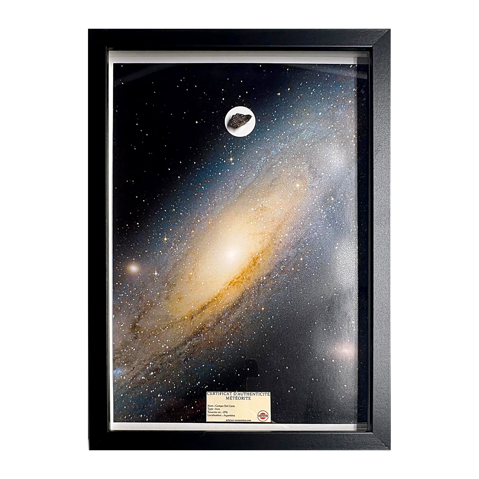 Tableau astronomie grand format – galaxie d'Andromède et Campo del Cielo – photo réelle du cadre