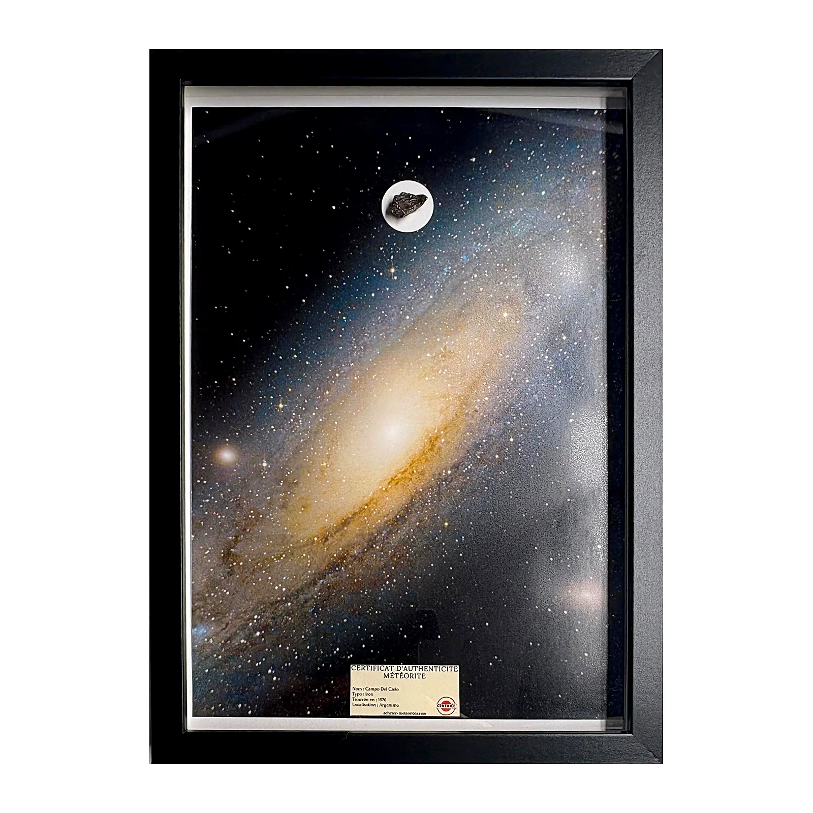 Tableau astronomie grand format – galaxie d'Andromède et Campo del Cielo – photo réelle du cadre