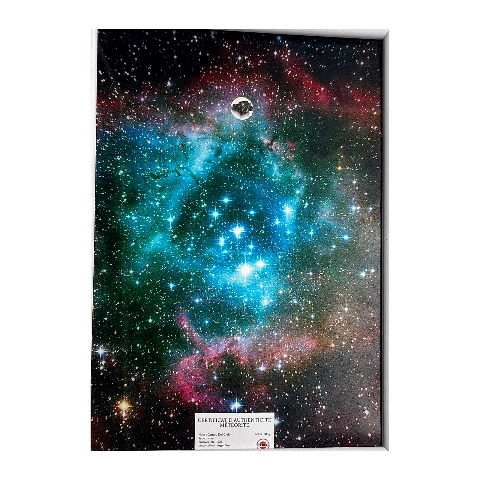 Tableau ciel étoilé – nébuleuse de la Rosette, météorite Campo del Cielo – vue de face sur fond blanc