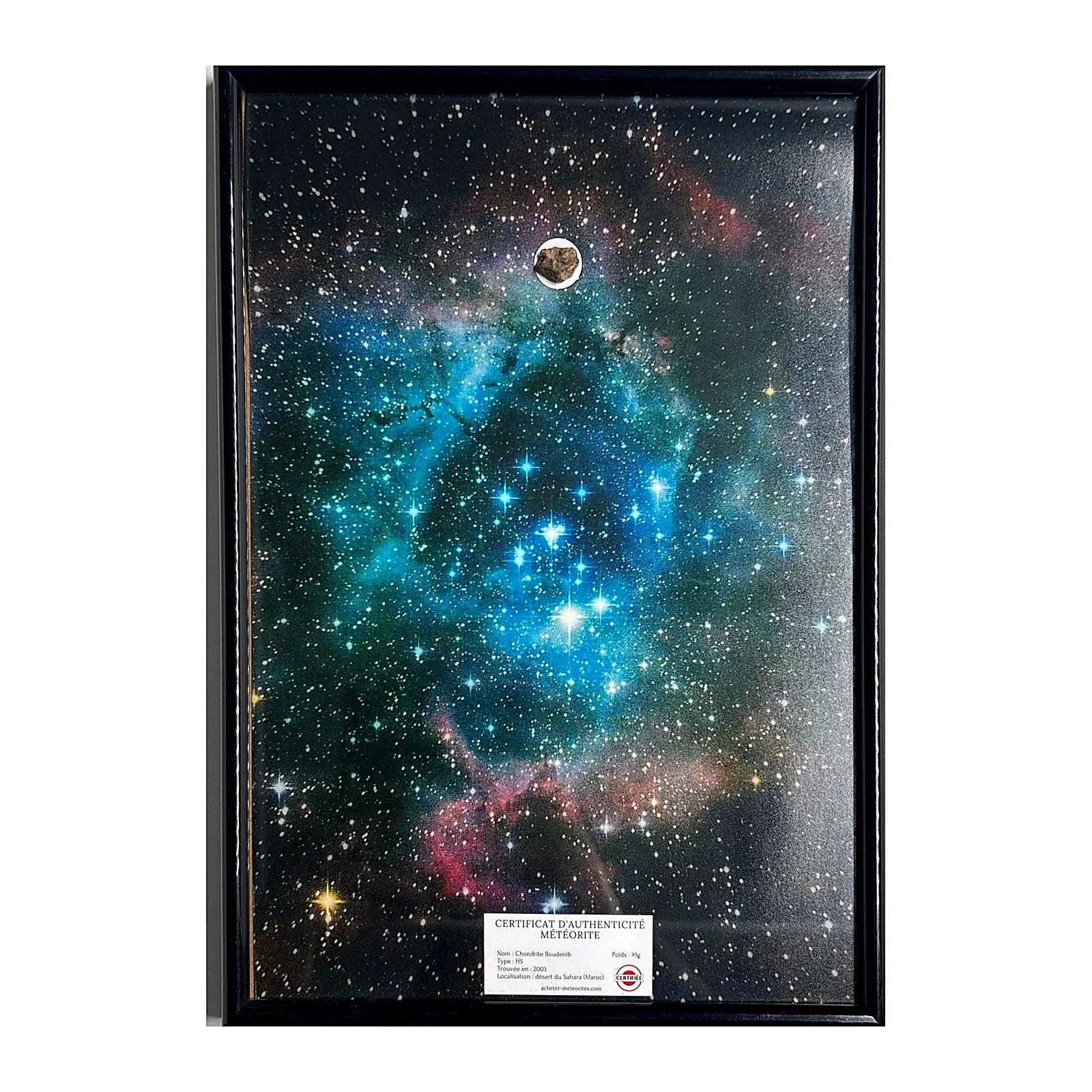 Tableau espace grand format – nébuleuse de la Rosette, météorite NWA XXX – vue de face sur fond blanc