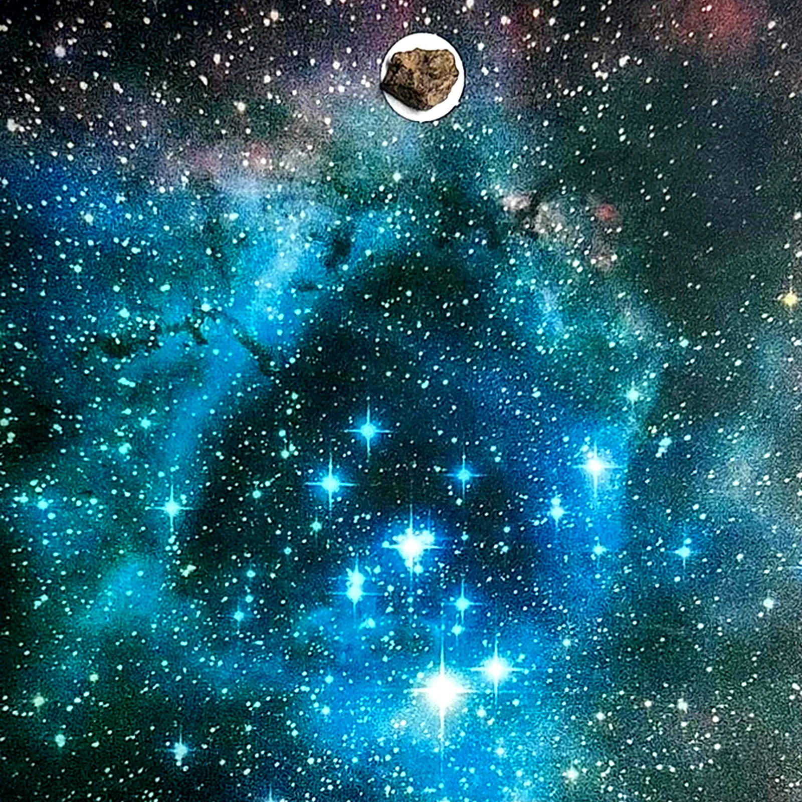Tableau espace grand format – nébuleuse de la Rosette, météorite NWA XXX – gros plan sur la météorite