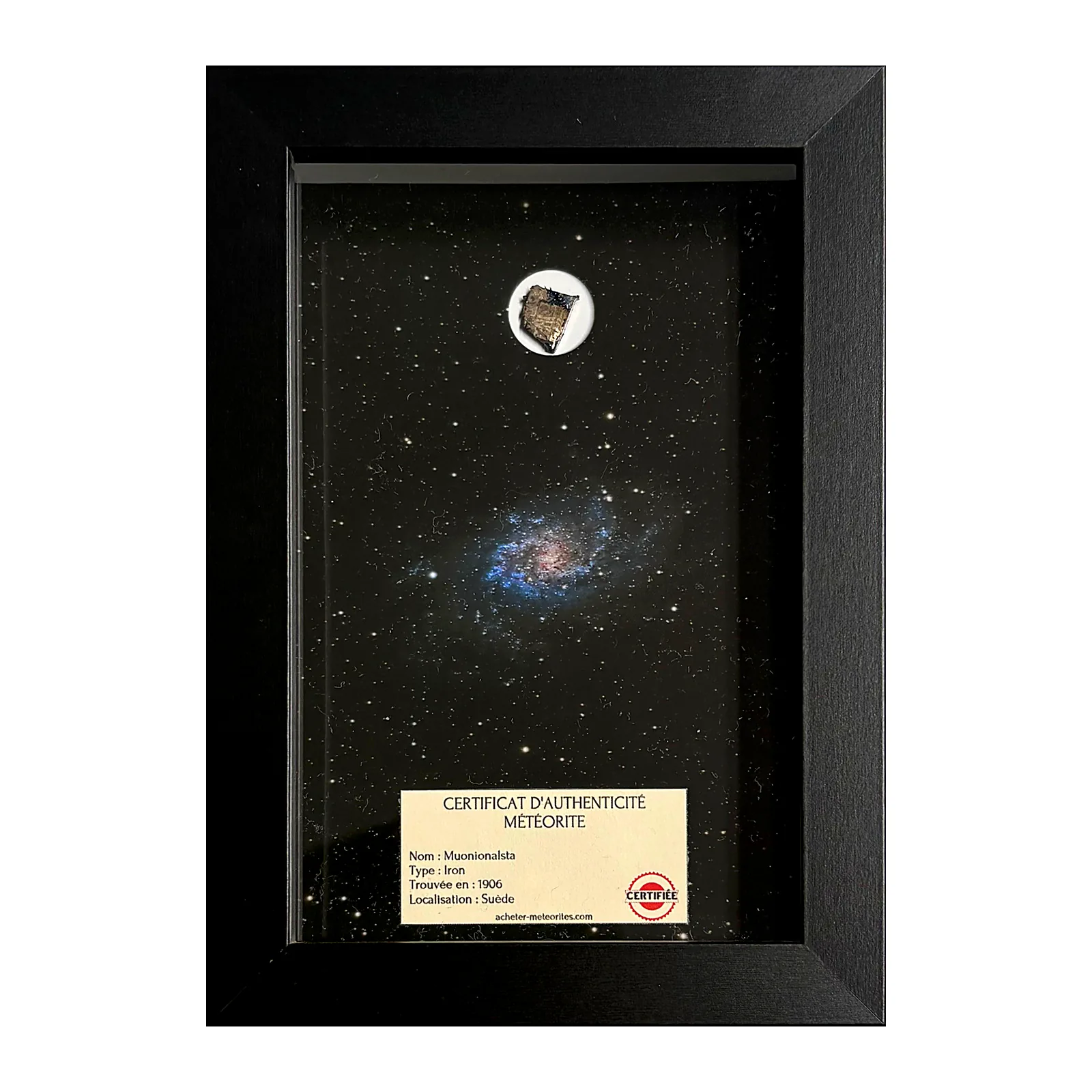 Tableau galaxie du Triangle avec météorite Muonionalusta – cadre profondeur – vue de face sur fond blanc