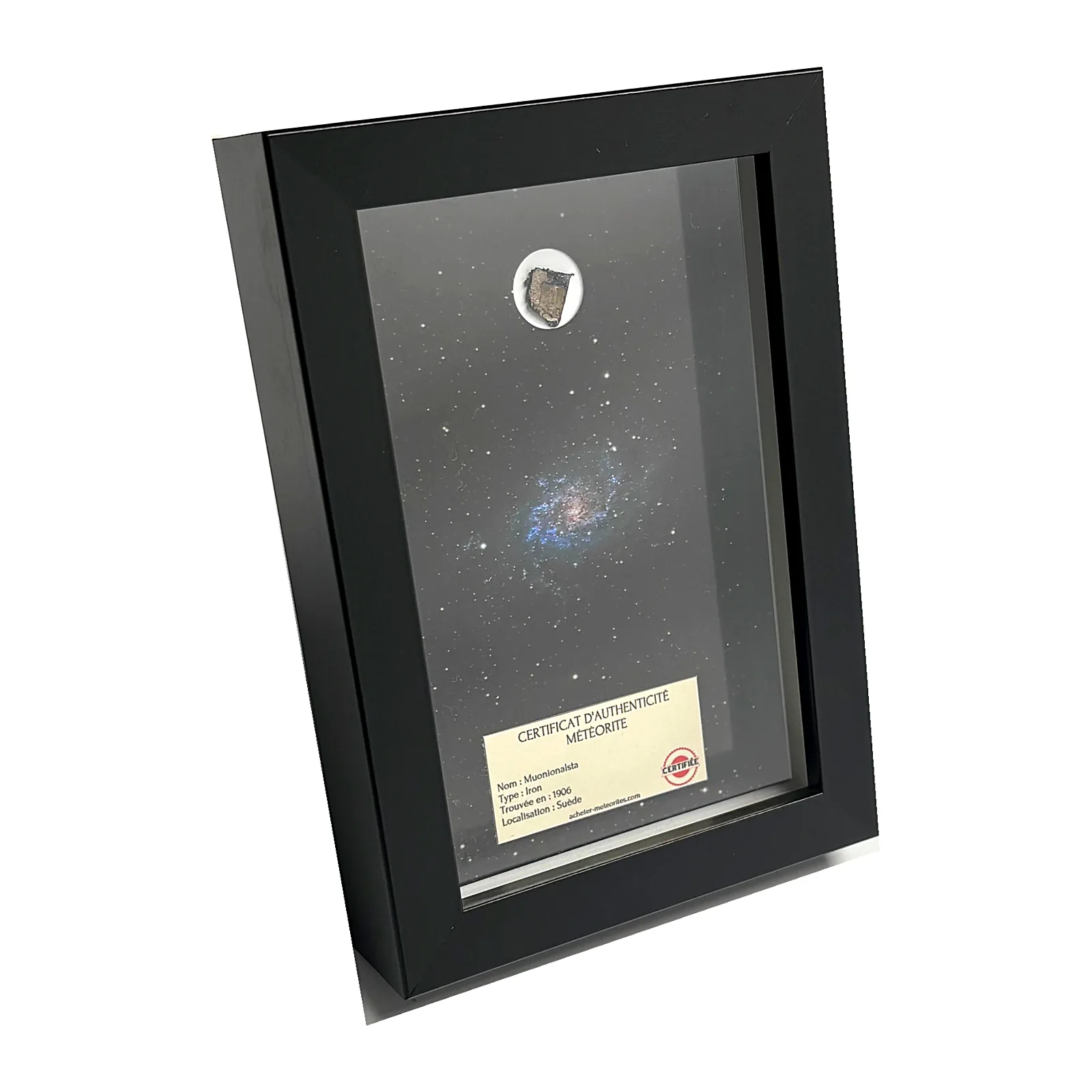 Tableau galaxie du Triangle avec météorite Muonionalusta – cadre profondeur – vue de biais