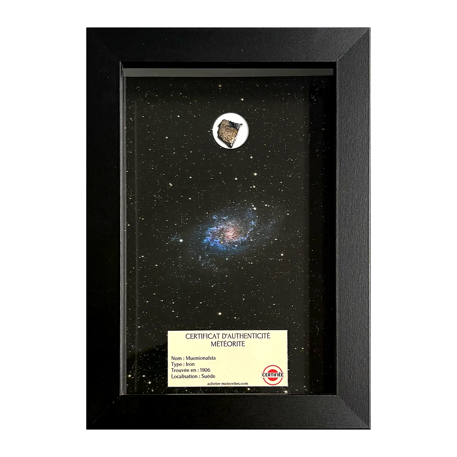 Tableau galaxie du Triangle avec météorite Muonionalusta – cadre profondeur