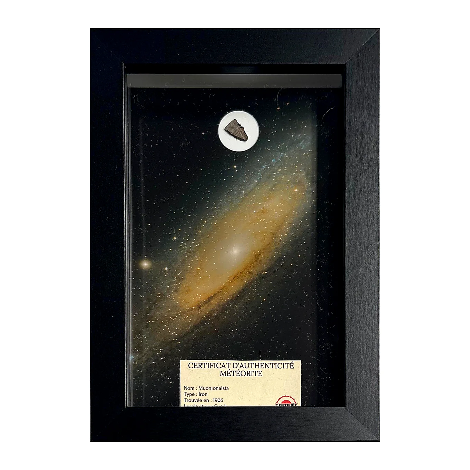Tableau météorite de fer – Muonionalusta et galaxie d'Andromède – vue de face sur fond blanc