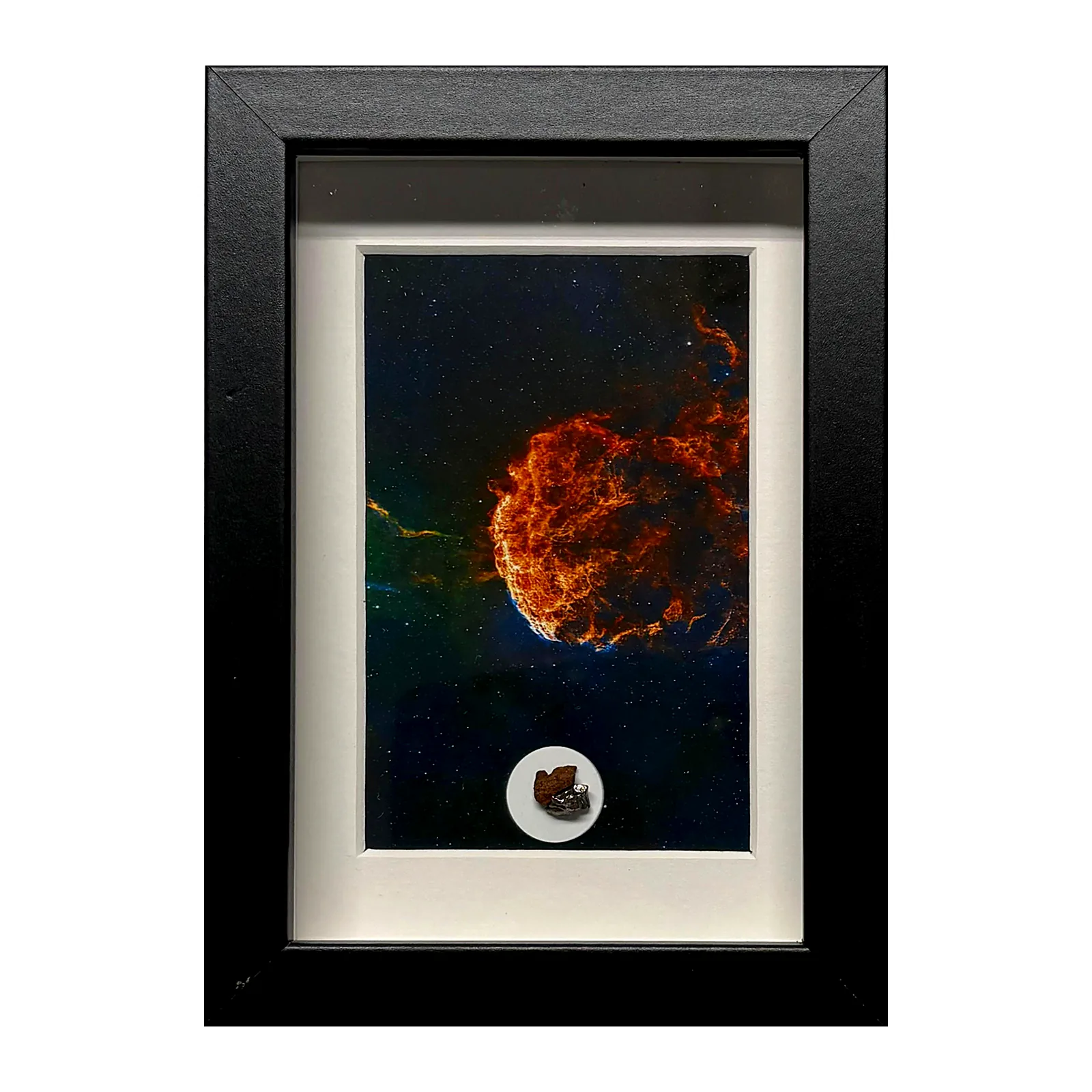 Tableau nébuleuse de la Méduse avec météorites Campo del Cielo et Gebel Kamil – cadre noir et passe-partout – vue de face…