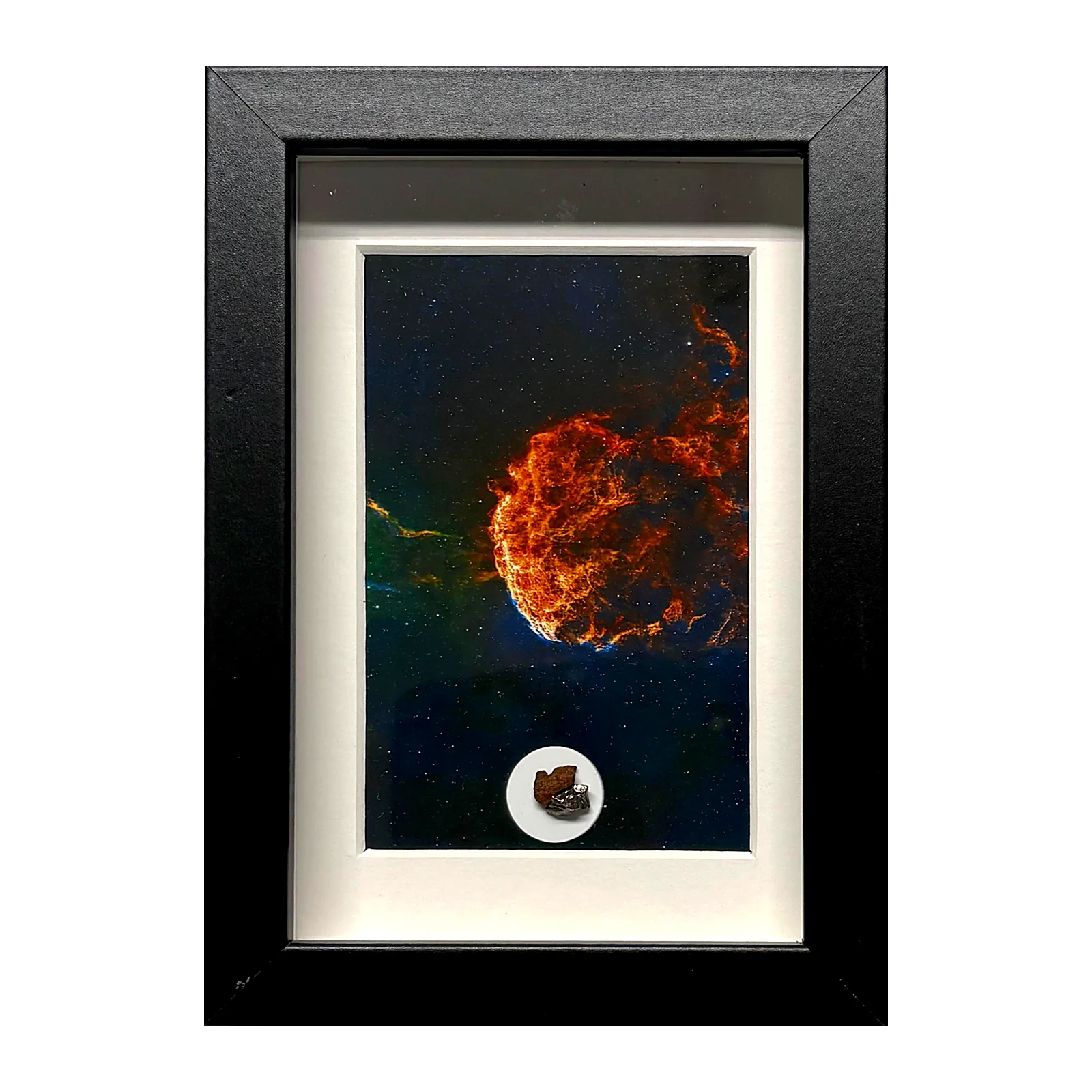 Tableau nébuleuse de la Méduse avec météorites Campo del Cielo et Gebel Kamil – cadre noir et passe-partout