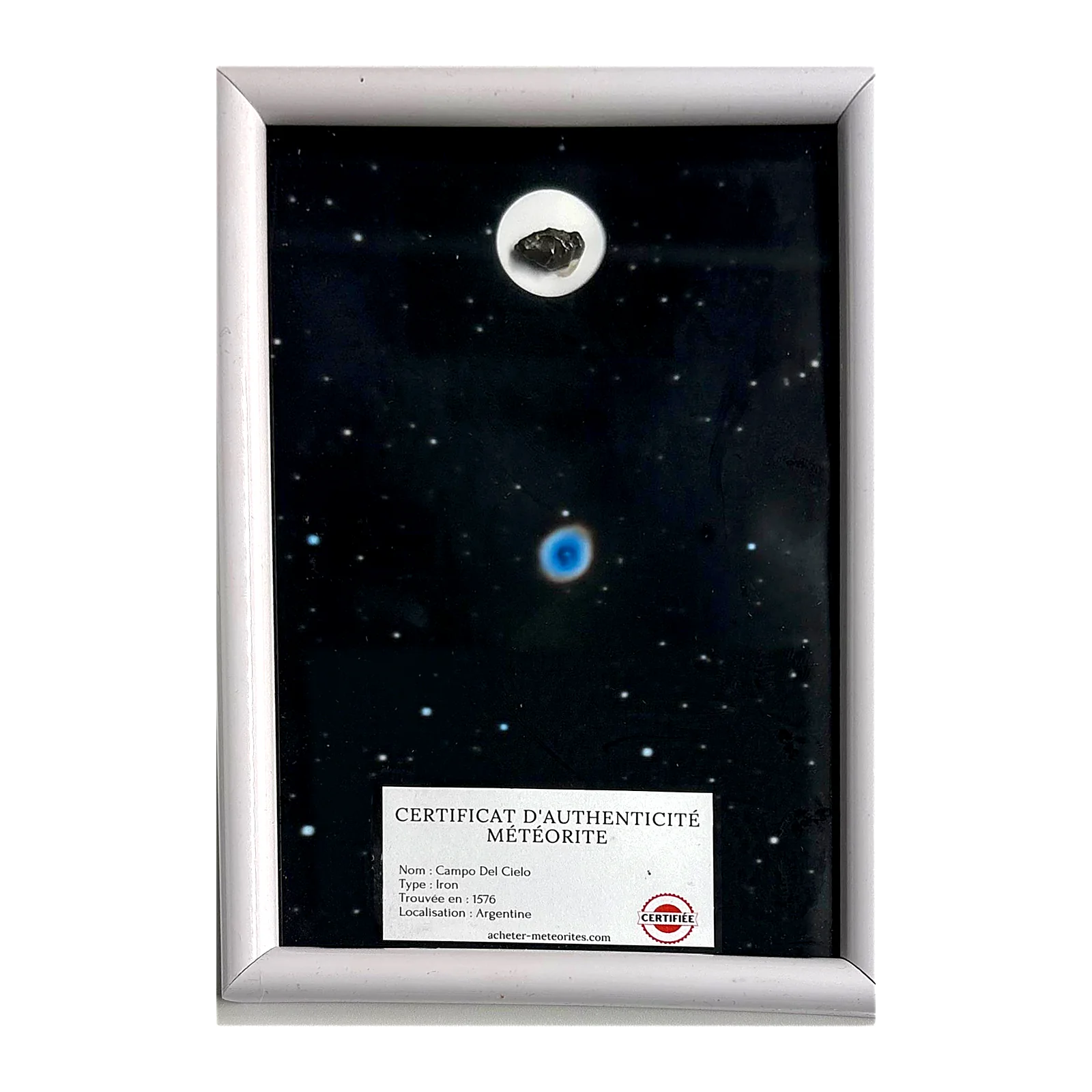 Tableau nébuleuse de l'Anneau avec météorite Campo del Cielo – cadre blanc