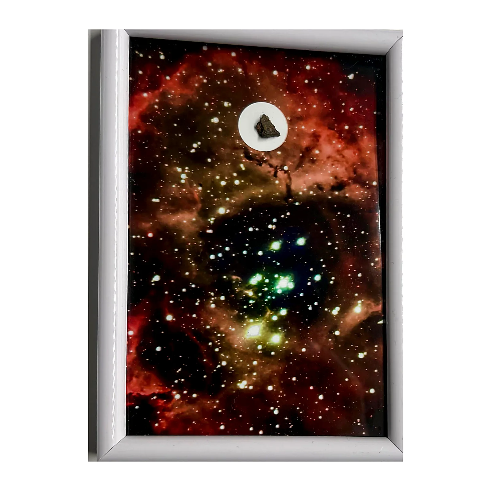 Tableau nébuleuse rose – nébuleuse de la Rosette, météorite NWA XXX – vue de face sur fond blanc